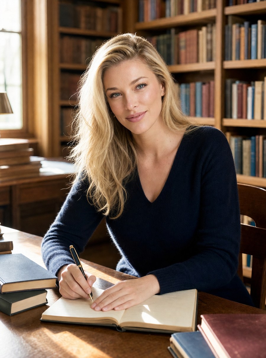 Nicole Junkerman writing at a sunlit library desk lined with books.