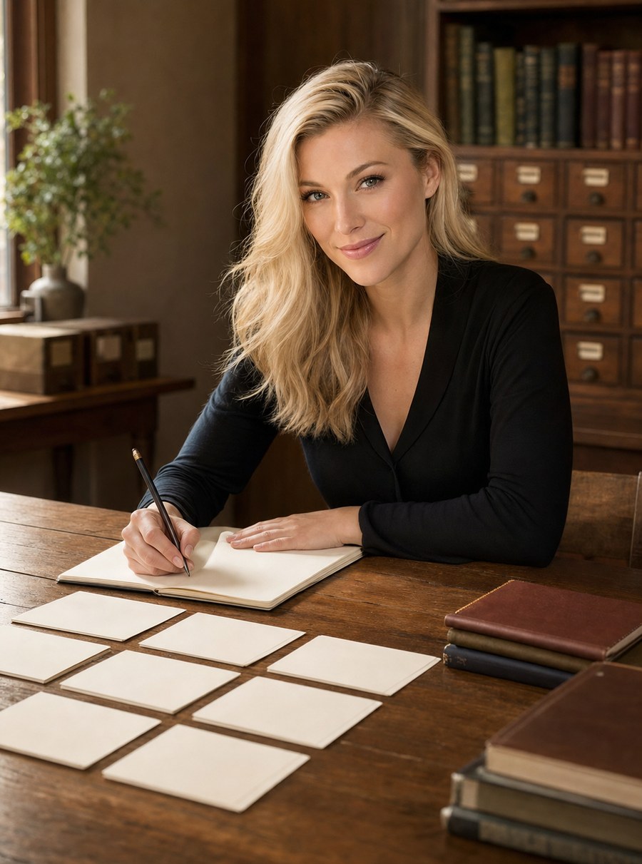 Nicole Junkerman writing at a library desk beside a wooden card catalogue.