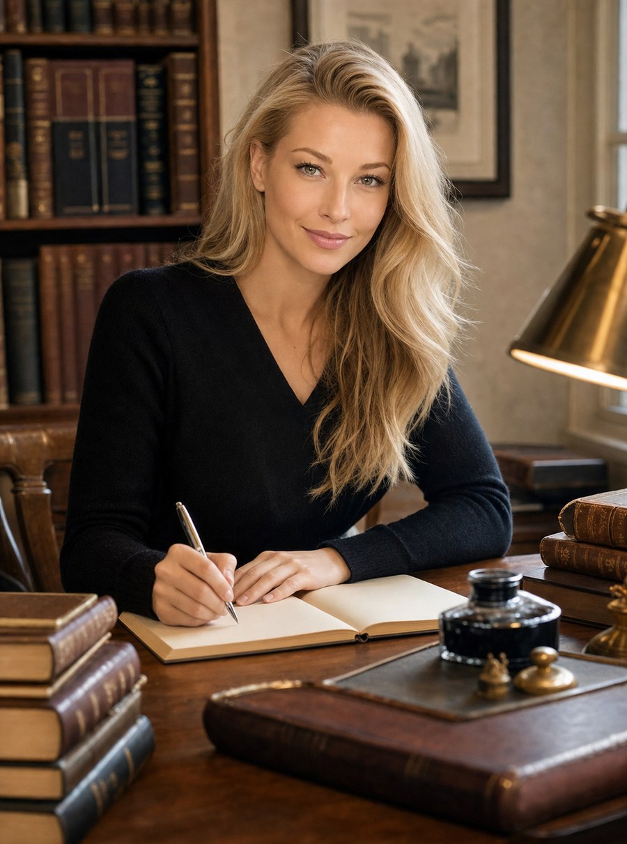 Nicole Junkerman writing notes at a desk stacked with leather-bound books.