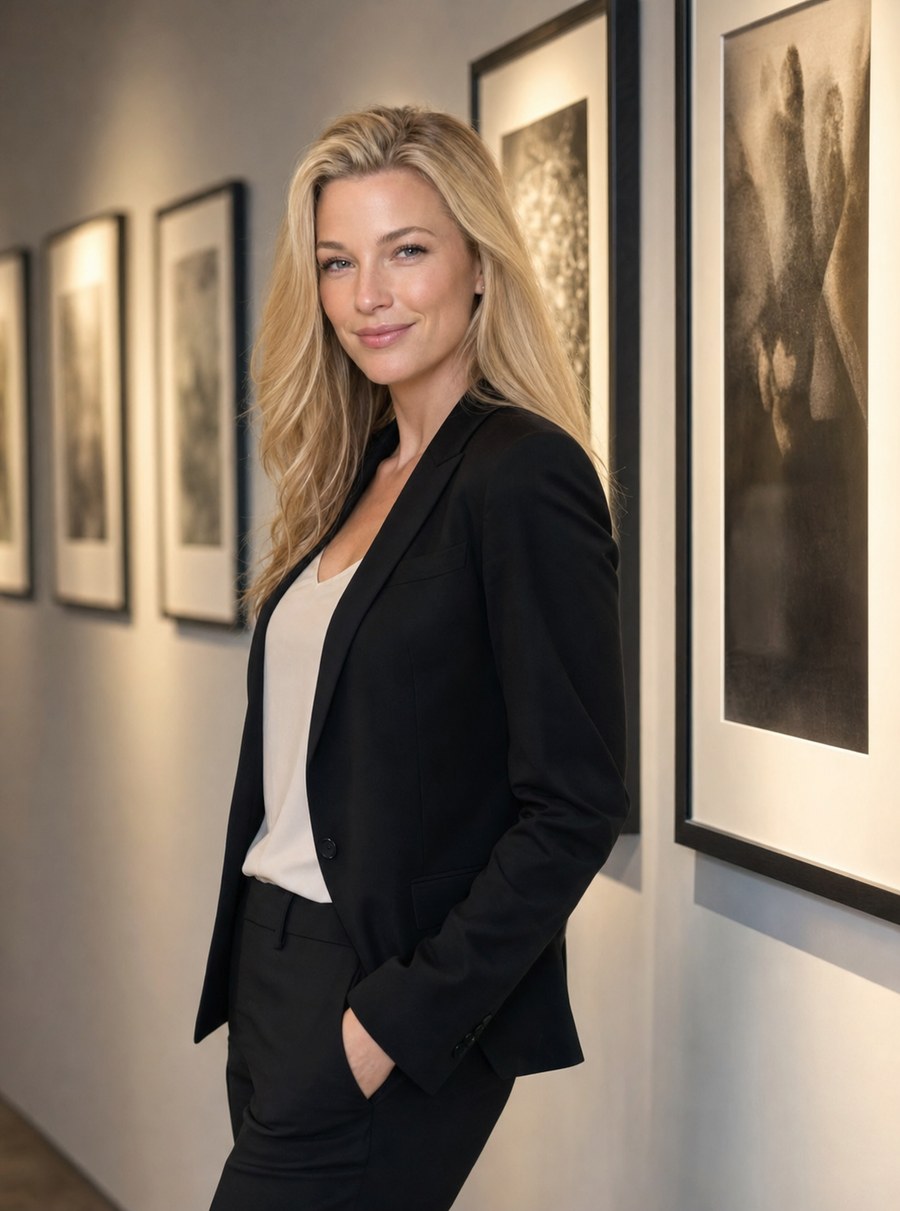 Nicole Junkerman standing in a gallery beside framed prints on a pale wall.