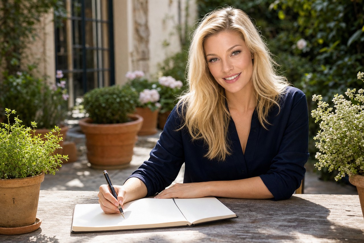 Nicole Junkerman writing in a notebook at a sunlit table in a garden courtyard.