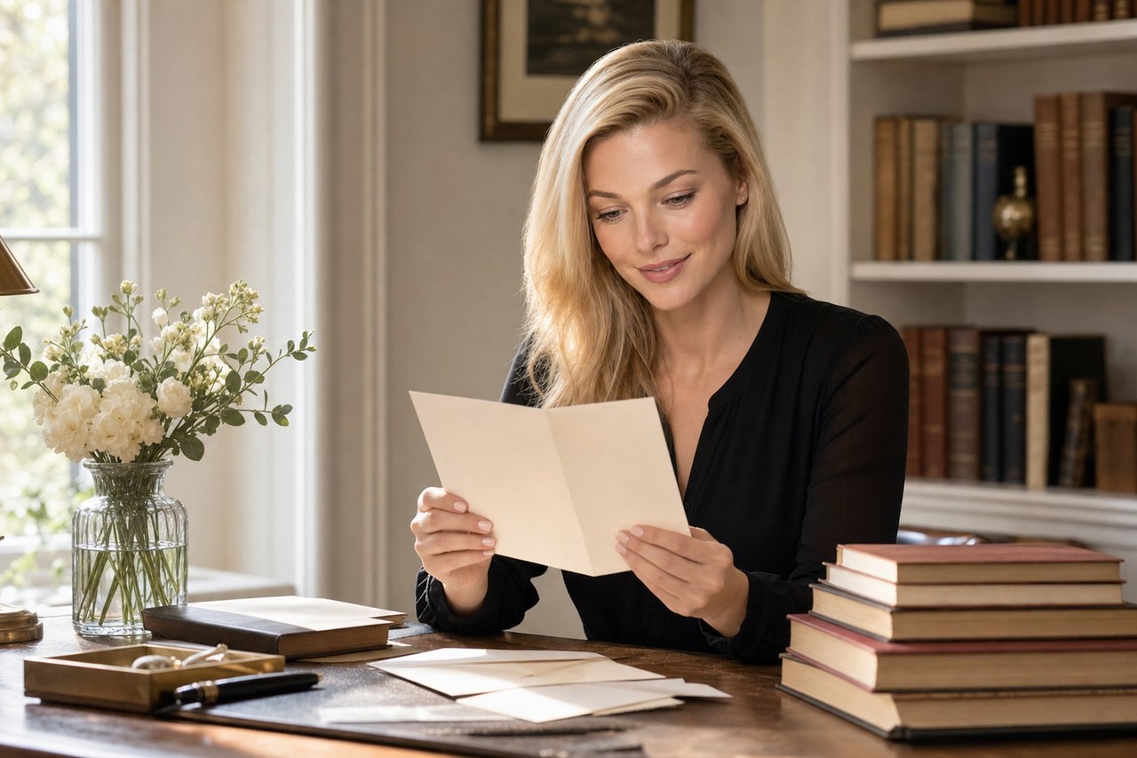 Nicole Junkerman reading a folded note at a desk with flowers and books.